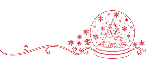 Red Christmas tree and snowman in a crystal ball with line art style	