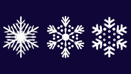 Three white snowflakes with a hand drawn texture on a dark blue background