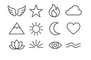 Naklejka premium Transcendence Icon Set. Transcendence. Line icon set of transcendence: wings, star, flame, cloud, mountain, sun, moon, heart, lotus, light ray, eye, wave. All