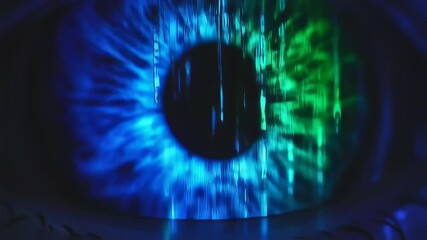 A close-up of a human eye with digital data cascading over its surface, emphasizing technology - Powered by Adobe