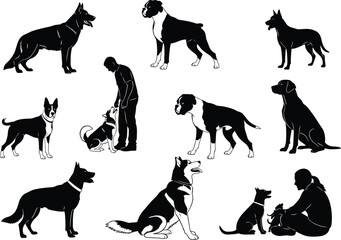 Collection of various domestic dog silhouettes, purebred animals standing, sitting, and interacting 
