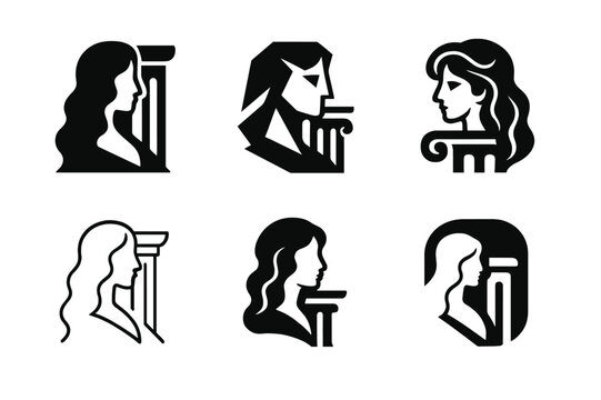 Medea Logo Variations. Medea. Icon set. Set Logo of Medea: Greek temple columns. harmonious logo variations of the same emblematic concept, each with different