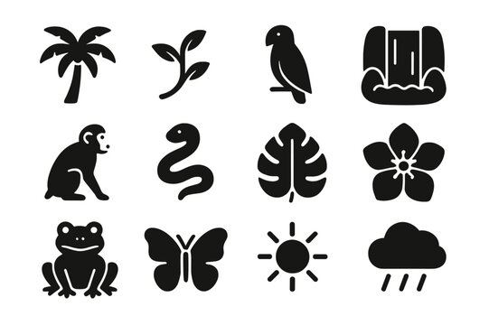 Tropical Forest Icons. Tropical forest. Solid icon set of tropical forest: palm tree, vine, parrot, waterfall, monkey, snake, tropical leaf, flower, frog,