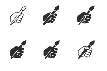 AI Creativity Logos. AI in creative industries. Icon set. Set Logo of AI in creative industries: robot hand holding a paintbrush. harmonious logo variations of
