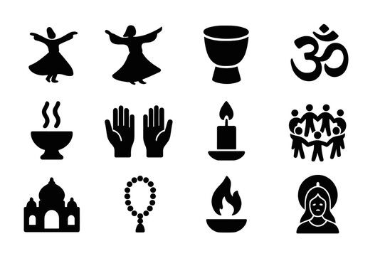Sacred Dance Icons. Dance for religious and spiritual events. Solid icon set of dance for religious and spiritual events: dancer silhouette, flowing robes,