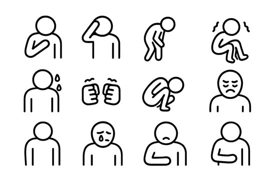 Medical Distress Icons. Medical distress. Line icon set of Medical distress: person gripping chest, hand on head, bent-over posture, trembling, sweat drops,