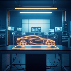 Advanced car design studio with holographic projection and modern technology
