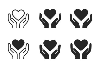 Obraz premium Volunteer Emblem Variations. Volunteer in action. Icon set. Set Logo of volunteer in action: hands holding heart. harmonious logo variations of the same
