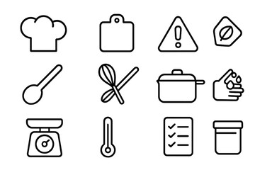 Allergy-Friendly Cooking Icons. Cooking for food allergies and intolerances. Line icon set of cooking for food allergies and intolerances: chef hat, cutting