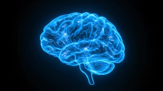 A luminescent blue depiction of a human brain, subtly detailed with folds and internal structures, floats against a black background