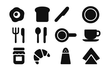 Fototapeta premium Breakfast Icons Set. Egg and toast. Solid icon set of egg and toast: fried egg, toast slice, butter knife, plate, fork, spoon, frying pan, coffee cup, jam jar,