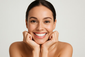 Happy woman with bright clean smile posing confidently with joyful emotion. Concept of beauty advertising, dental care visuals, and wellness lifestyle promotion.