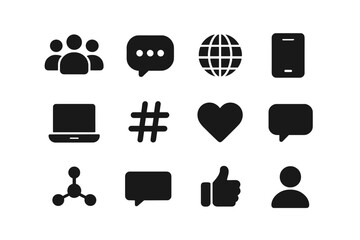 Online Community Icons. Online communities. Solid icon set of online communities: people group, chat bubble, globe, smartphone, laptop, hashtag, heart, comment