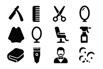 Fototapeta premium Barber Tools Icons. Grooming tools. Solid icon set of Grooming tools: straight razor, comb, scissors, hairbrush, cape, mirror, barber chair, spray bottle,