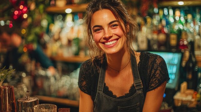Happy Bartender in Festive Bar Interior
