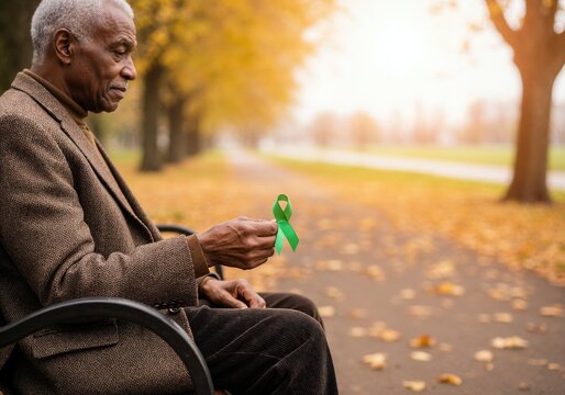 Elderly man with green ribbon, raising awareness of mental health, sitting in park, autumn scene. - Powered by Adobe