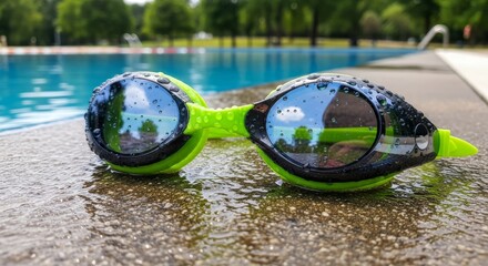 Close-up of green and black swimming goggles with reflections of the sky and trees by the pool.