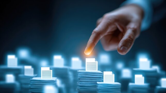 Hand Selecting Digital Document Icon in Futuristic Data Management Concept