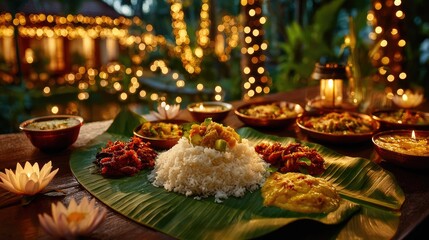 Fototapeta premium Traditional Indian Feast on Banana Leaf with Festive Lighting