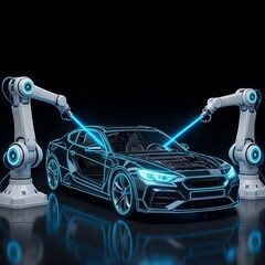 Futuristic car manufacturing with robotic arms and laser technology concept