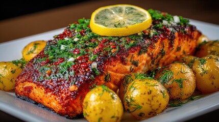 Baked Salmon Fillet with Potatoes and Herbs