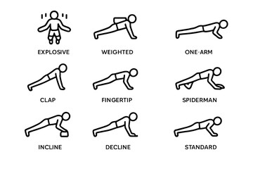 Push-Up Icon Set. Push-Up Challenges. Line icon set of Push-Up Challenges: explosive push-up, weighted push-up, one-arm push-up, clap push-up, fingertip