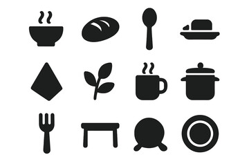 Comfort Meal Icons. Comfort Meal. Solid icon set of Comfort Meal: soup bowl, bread, spoon, steam, butter, napkin, herbs, mug, pot, fork, table, plate. Filled