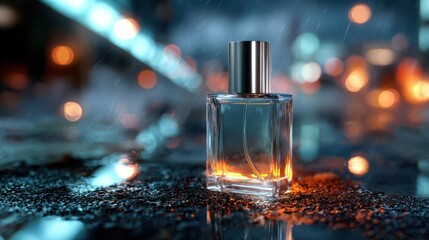 Luxury masculine perfume bottle on wet urban surface with moody bokeh lights and rain