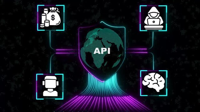 Glowing neon A P I cloud connection network with business icons handshake communication growth security and teamwork digital technology concept ,4k video. Hi tech motion graphic animation. 