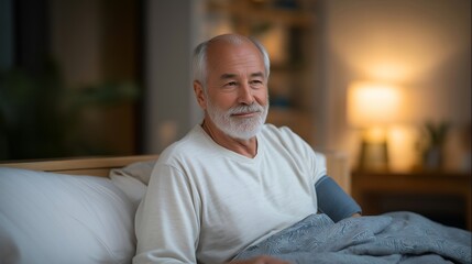 A senior man receiving a digital home check-up via smart health devices, including blood pressure cuffs and oxygen monitors connected to a healthcare app — remote monitoring, preventive wellness,