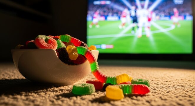 A bowl of colorful gummy candies spills onto a carpet in front of a television.