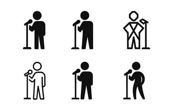Monologue Logo Variations. Monologues. Icon set. Set Logo of monologues: performer at mic stand. harmonious logo variations of the same emblematic concept,