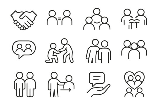 Peer Support Icons. Peer support. Line icon set of peer support: peer handshake, equal icon, circle of people, shared experience, feedback speech bubble,