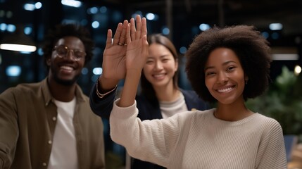 A multicultural tech startup team celebrating their product launch in an open office, high-fiving with excitement — global innovation, inclusive success, and diverse perspective-driven solutions.