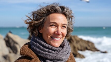 Smiling woman standing at rocky beach by ocean.