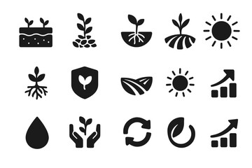 Harvest Icons. Harvest and benefits. Solid icon set of Harvest and benefits: healthy soil, crop yield, plant growth, nitrogen cycle, roots, eco badge, farm