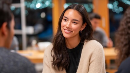 An inclusive community center hosting a multilingual workshop, participants using translation apps and sign-language interpreters to engage equally in discussion — cultural inclusion, language
