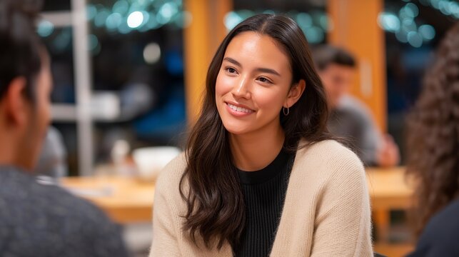 An inclusive community center hosting a multilingual workshop, participants using translation apps and sign-language interpreters to engage equally in discussion — cultural inclusion, language - Powered by Adobe