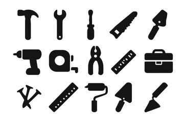 Obraz premium Home Tools Icons. Home improvement tools. Solid icon set of home improvement tools: hammer, wrench, screwdriver, saw, drill, tape measure, pliers, toolbox,