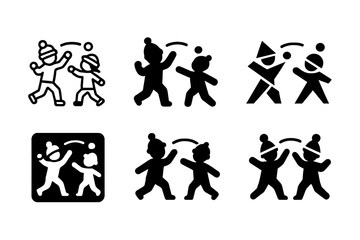 Naklejka premium Playful Snowball Fight Logos. Snowball fight. Icon set. Set Logo of snowball fight: playful kids mid-throw with arcing snowballs. harmonious logo variations of