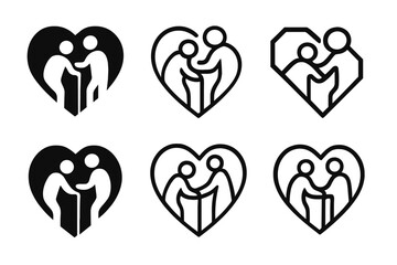 Elderly Care Icons. Aiding the elderly. Icon set. Set Logo of aiding the elderly: Heart encircling elderly figure. harmonious logo variations of the same