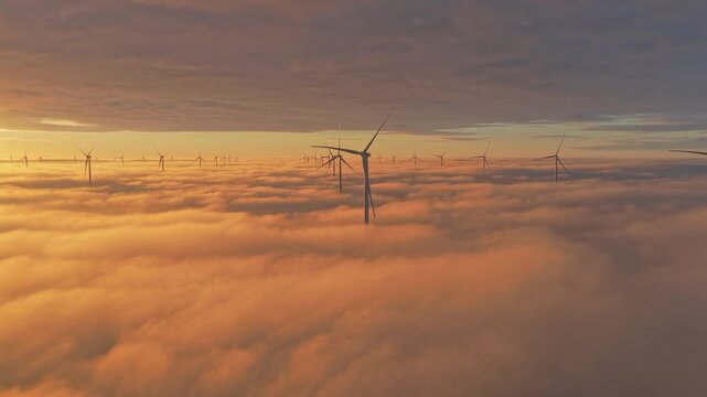 Afsluitdijk offshore turbines at sunrise producing clean, sustainable energy.