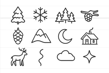 Winter Pines Icons. Winter pines. Line icon set of winter pines: snowy pine tree, snowflake, pine forest, branch with snow, frozen cone, mountain hill, moon,