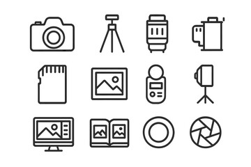 Photography Icon Set. Photography as a means of artistic expression. Line icon set of Photography as a means of artistic expression: camera, tripod, lens, film
