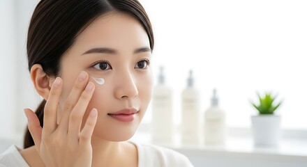 Young asian woman carefully applying eye cream under her eye with her fingertip for skincare routine