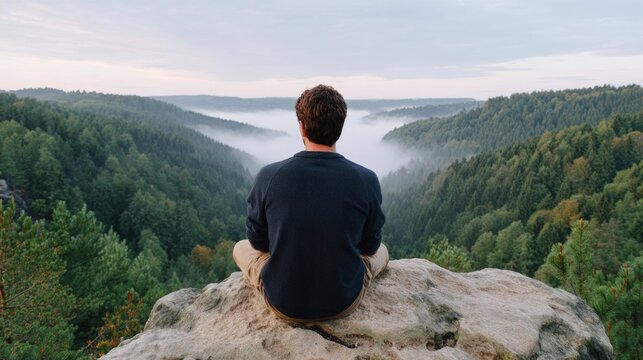 Man sitting on rocky cliff overlooking valley, misty mountains and forest in background.