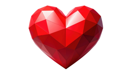 A vibrant, geometric heart in ruby red, rendered with a low-poly style against a stark black background. It appears three-dimensional and polished