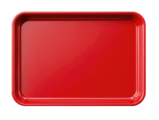 A vibrant, glossy, rectangular red tray sits centrally against a dark backdrop, showing rounded corners and a raised edge