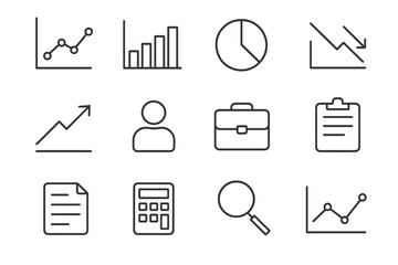 Employment Icons Grid. Employment statistics. Line icon set of Employment statistics: line graph, bar chart, pie chart, downward arrow, upward arrow, person