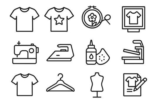Customized T-Shirt Icons. Customized t-shirts. Line icon set of Customized t-shirts: plain t-shirt, printed t-shirt, embroidery design, screen printing frame,
